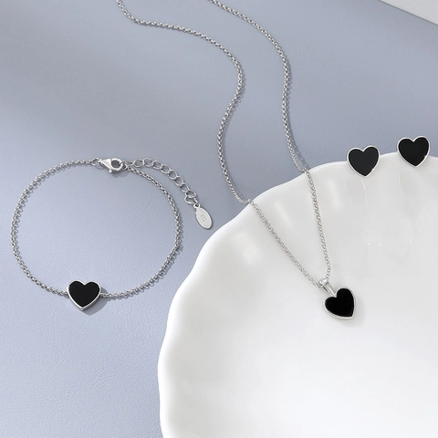 925 Sterling Silver Black Agate Heart Pendant Necklace Bracelet Earrings Jewelry Set For Women Vintage Elegant Jewelry Gift