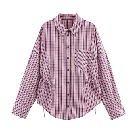 Dames Geruit Shirt Met Lange Mouwen Polyester Knoopsluiting Taille Met Trekkoord Revers Blouse Met Zak