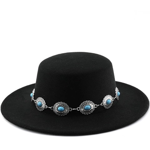 Cappello Boater Vintage A Tesa Larga Corona Piatta In Feltro Di Lana Fedora Con Catena In Metallo Decorativa Per Donna Uomo Moda