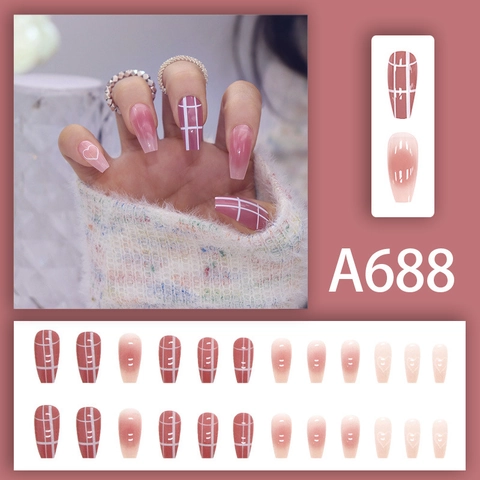Long Coffin Press On Nails Pink Gradient Heart Checkerboard Pattern Artificial False Fingernails For Women Daily Manicure
