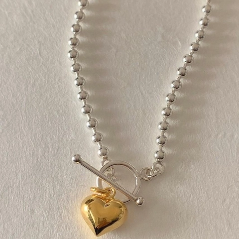 Collana Con Pendente A Cuore Argento Sterling 925 Bicolore Catena A Sfere Chiusura T-Bar Gioielli Minimalisti Da Donna