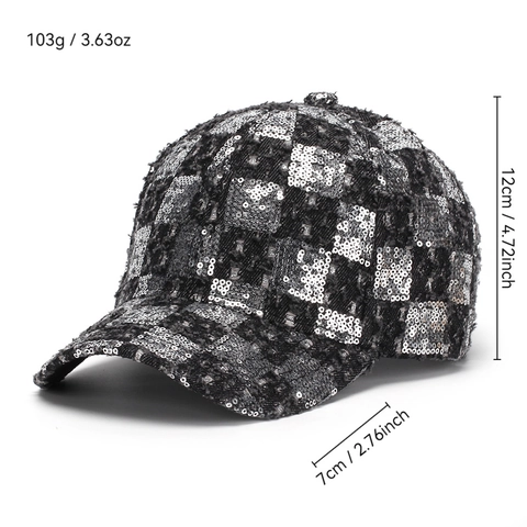 Pailletten Schachbrett Baseballkappe Denim Distressed Plaid Sonnenschutz Outdoor Modehut Für Frauen