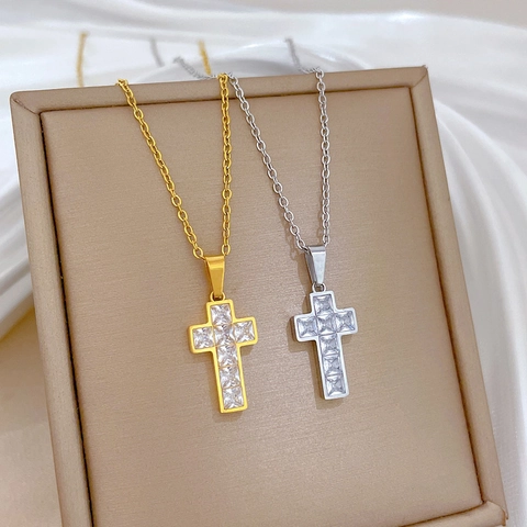 Cross Pendant Necklace Titanium Steel Inlaid Square Zircon Dainty Clavicle Chain Religious Jewelry For Women