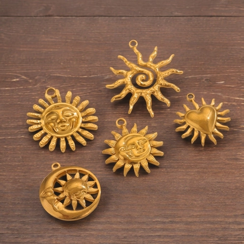 Sun Moon Face Charm Pendant Stainless Steel Zircon DIY Jewelry Making Accessory Vintage Boho Style