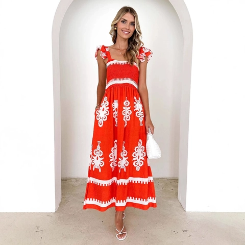 Women Bohemian Smocked Maxi Dress Polyester Ethnic Printed Ruffle Strap Beach Vacation Summer Casual