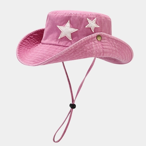 Vintage Washed Cotton Bucket Hat Western Cowboy Style Star Patch Wide Brim Outdoor Sunshade With Adjustable Windproof Rope