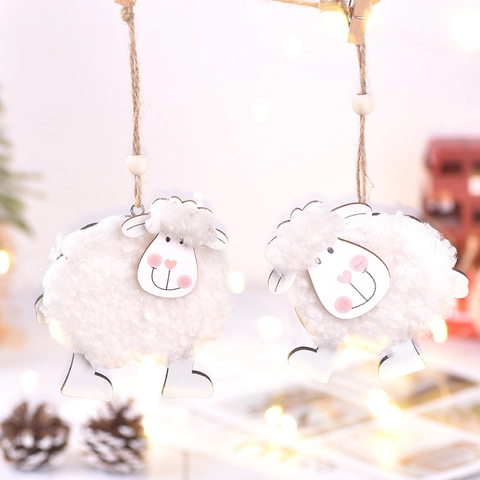 Sheep Hanging Ornament Wooden Faux Fur Lamb Pendant For Easter Christmas Home Party Decoration Handmade Nordic Style