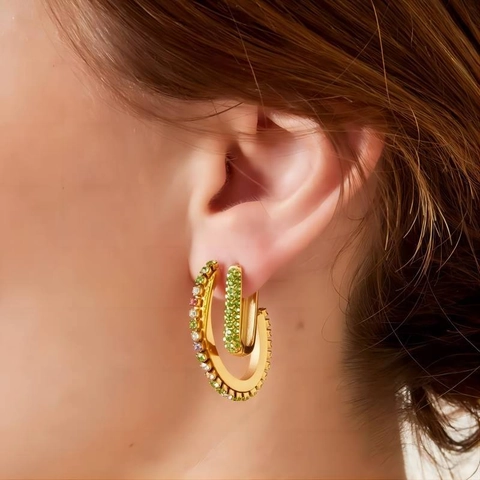 Créoles Rectangulaires Acier Inoxydable Plaqué Or 18K Zirconia Coloré Pavé Bijoux De Mode Minimalistes Pour Femmes