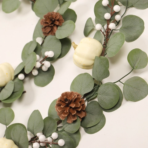 Artificial Eucalyptus Garland White Pumpkins Natural Pine Cones Berries Fall Christmas Thanksgiving Wedding Home Door Decor