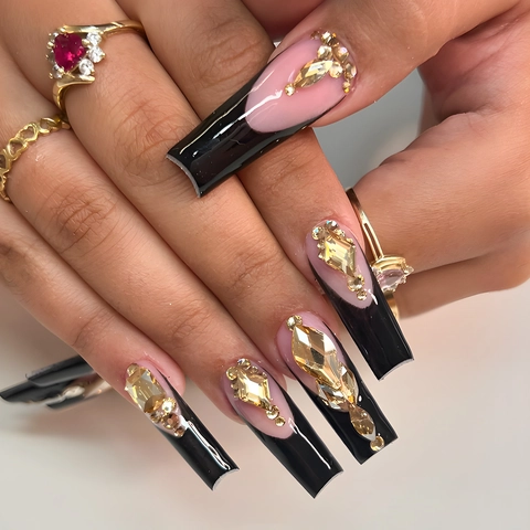 Uñas Postizas Largas Tipo Ataúd Francesas Negras Rosa Con Diamantes De Imitación Resina Manicura Lujo Brillo DIY