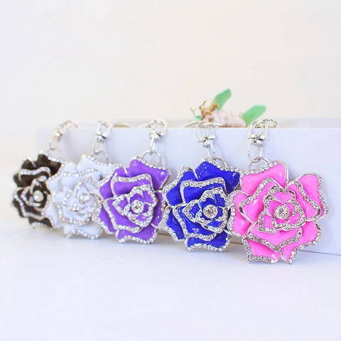 Rose Flower Keychain Sparkling Rhinestone Enamel Floral Zinc Alloy Bag Charm Pendant Car Key Ring Jewelry Gift For Women