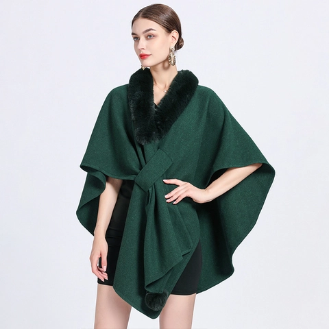 Poncho Chal Elegante Para Mujer Con Cuello De Piel Sintética Abrigo Capa De Punto Suelto Con Pom-Pom Cálido