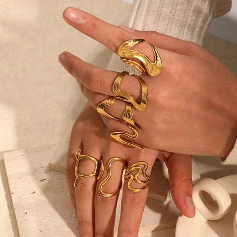 Anillo Abierto Geométrico Irregular Acero Inoxidable Chapado En Oro De 18K Línea Sinuosa Joyería Estética Para Mujeres Hombres