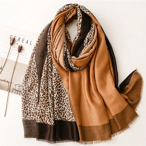 Mode Leopard Print Color Block Schal Damen Polyester Satin Bronzieren Goldfolie Fransen Tuch