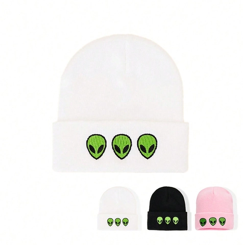 Bonnet Beanie À Broderie Alien Revers Acrylique Tricoté Chaude Casquette Hiver Streetwear Pour Femmes Hommes