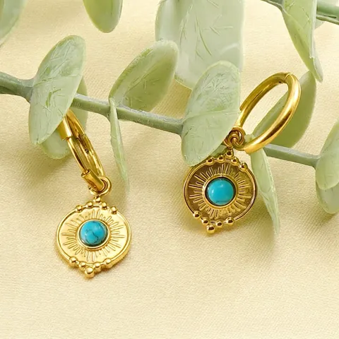 Bohemian Round Blue Turquoise Hoop Drop Earrings 18K Gold Plated Stainless Steel Solar Radiation Texture Jewelry For Women