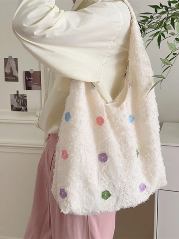 Bolso Tote De Peluche Para Mujer Bordado Floral Puntos De Colores Gran Capacidad Bolso De Hombro Y Neceser Organizador