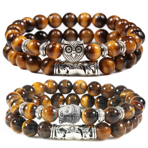 Natural Stone Beads Bracelet Alloy Owl Buddha Head Star Charms Tiger Eye Rose Quartz Picasso Sodalite Elastic Yoga Jewelry