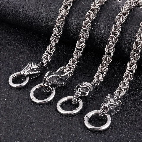 Pulsera Cadena Hombre Acero Inoxidable Punk Gótico Retro Eslabón Bizantino León Dragón Calavera Cabeza Serpiente Color Plata