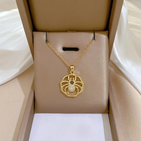 Spider Pendant Necklace Titanium Steel Chain Copper Micro Inlaid Rhinestone Octagon Luxury Jewelry For Women