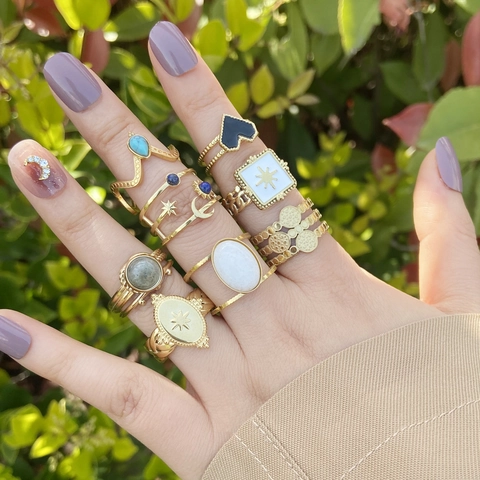 Vintage Stainless Steel Ring For Women With Turquoise Heart Star Enamel Adjustable Opening Bohemian Style