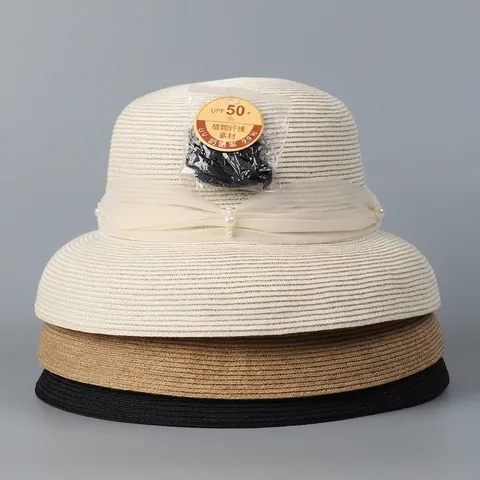 Cappello Di Paglia Donna Elegante Con Nastro In Organza E Perla Artificial Stile Hepburn Vintage Cappello Da Sole Spiaggia
