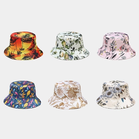 Women Bucket Hat Polyester Floral Tropical Fruit Print Summer Outdoor Foldable Sunscreen Sunshade Travel Beach Cap
