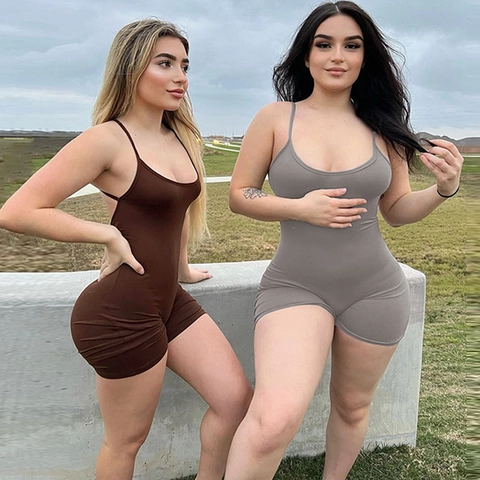 Sexy Damen Jumpsuit Rückenfrei Raffung Am Gesäß Slim Fit Spaghettiträger Romper Hohe Elastizität Einfarbig
