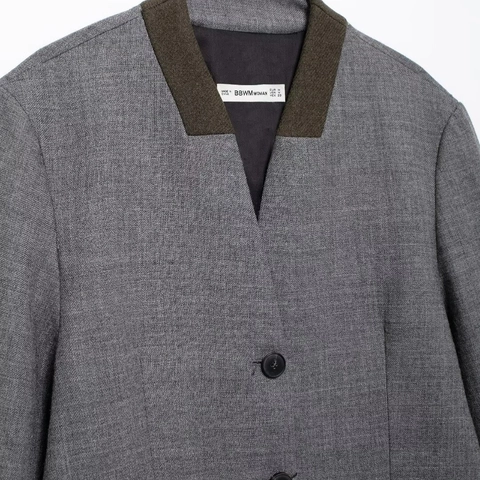 Dames Blazer Polyester Tweed Contrast Bruine Revers Enkele Rij Knopen Losse Vintage Pasvorm Kantoor Grijs
