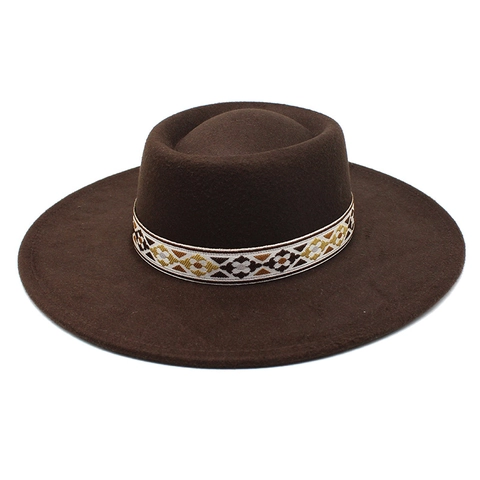 Wide Brim Fedora Hat Wool Felt With Ethnic Embroidery Ribbon Retro Panama Style For Men And Women