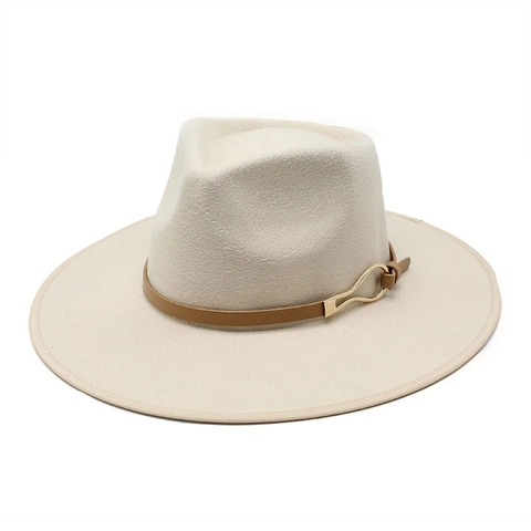 Wide Brim Fedora Hat Elegant Felt Jazz Cap With Leather Band And Golden Buckle Vintage Unisex Solid Color