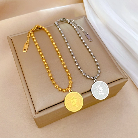 Vintage Elisabeth II Münze Anhänger Armband Edelstahl Rundperlenkette Verstellbar Minimalistischer Retro Schmuck Für Frauen