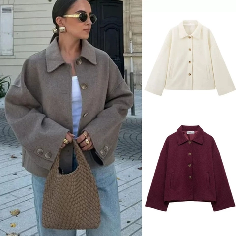 Damen Kurze Wolljacke Revers Einreihig Locker Passform Überschnittene Schultern Herbst Winter Lässige Oberbekleidung Mantel
