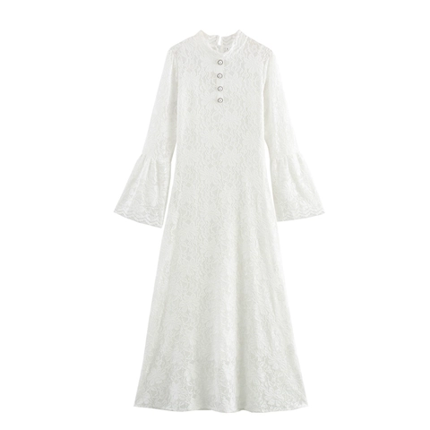 Elegant Lace Maxi Dress Flare Long Sleeve High Waist Slim Fit Artificial Pearl Button Vintage Retro Wedding Party Women Long Dress