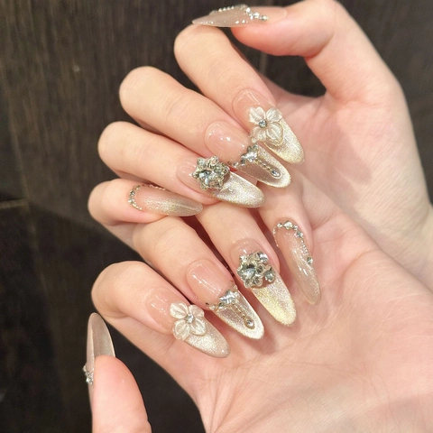 Faux Ongles à Presser Faits à La Main Oeil De Chat Glacé Transparent Avec Fleurs 3D Et Strass Longs Stiletto Ovales Élégants Pour Femmes