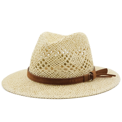 Chapeau De Paille Fedora Style Panama Bord Large Respirant Paille De Papier Avec Bande En Similicuir Pour Plage Voyage Homme Femme