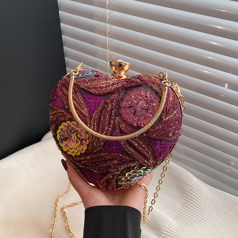 Hartvormige Avondtas Acryl Lovertjes Geborduurd Bloemen Clutch Met Ringhandvat En Ketting Voor Feest Bruiloft