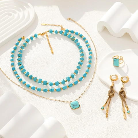 Stainless Steel Turquoise Beaded Necklace Gold Plated Geometric Stone Pendant Bohemian Vintage Jewelry For Women