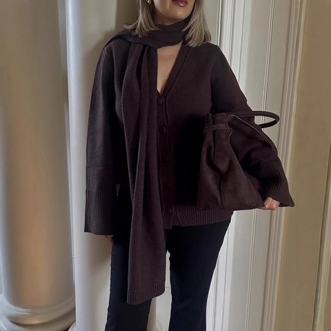 Cardigan En Tricot Et Écharpe Femmes Col En V Manches Longues Boutonné Pull Polyester Spandex Automne Hiver