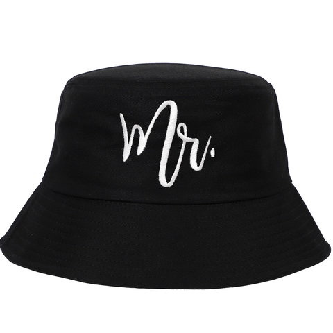 Bucket Hat Reiner Baumwolle Bestickt Mr Mrs Buchstaben Sonnenschutz Outdoor Reisen Lässig Für Paare Flitterwochen Zubehör