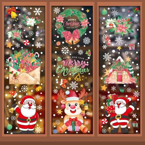 Christmas Window Static Stickers PVC Santa Snowman Reindeer Snowflake Gingerbread Man Decals Holiday Party Decoration Glass
