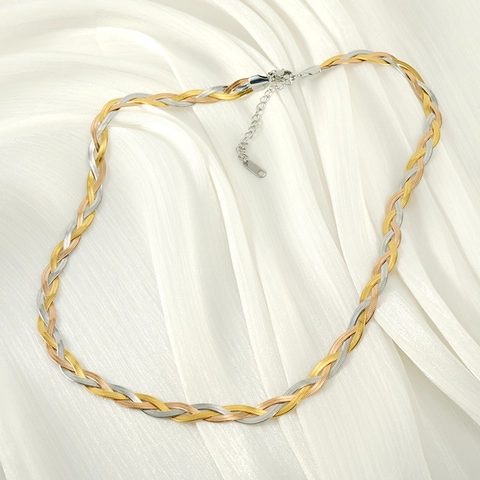 Stainless Steel Tricolor Braided Necklace And Bracelet For Women 18k Gold Plated Fashion Jewelry Elegant Snake Chain