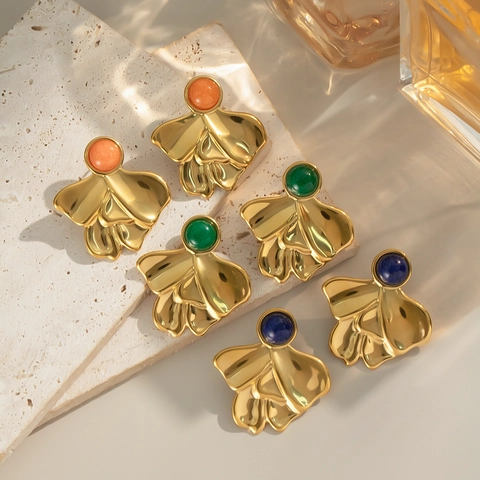 Vintage Flower Petal Geometric Stud Earrings Gold Plated Stainless Steel Waterproof Hypoallergenic Gemstone Inlaid Women