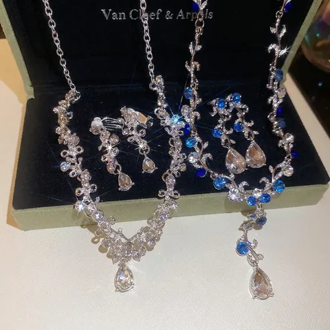 Set Collana E Orecchini Fiore Strass Con Perno In Argento Sterling 925 Pendente Goccia Acqua Blu Bianco