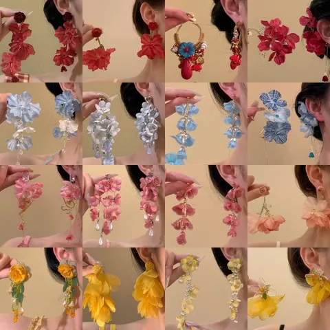 Blumen-Ohrhänger Mit 925 Sterling Silber Ohrstecker Stoffblüten Glasperlen Boho Urlaubsstil Für Frauen