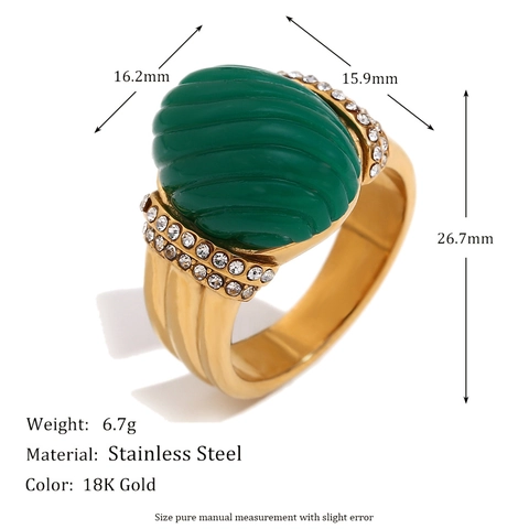 Vintage Ovale Gestreepte Hars Ring 18K Verguld Roestvrij Staal Met Steentjes Franse Stijl Elegante Sieraden