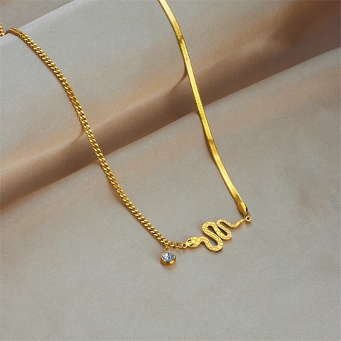 Snake Pendant Necklace And Bracelet 18K Gold Plated Stainless Steel With Zircon Elegant Niche Design For Women