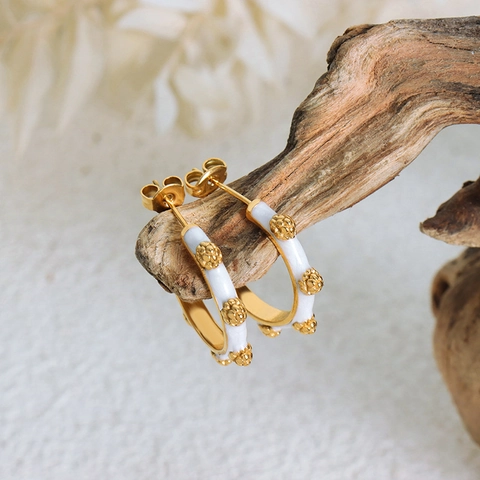 C Shaped Hoop Earrings Titanium Steel White Enamel Gold Plated Studded Beaded French Chic Style Women Jewelry