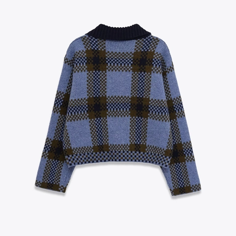 Women Plaid Knit Cardigan Jacket Zipper Up Turn Down Collar Long Sleeve Casual Vintage Checkered Sweater