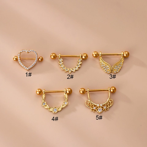 Stainless Steel And Copper Nipple Rings Heart Wings Leaf Zircon Inlaid Barbell Piercing Jewelry For Women Gold Silver